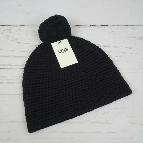 New UGG Pom Pom Knit Beanie Women\'s Men\'s Unisex Wool-Blend Logo OS Black main image 5